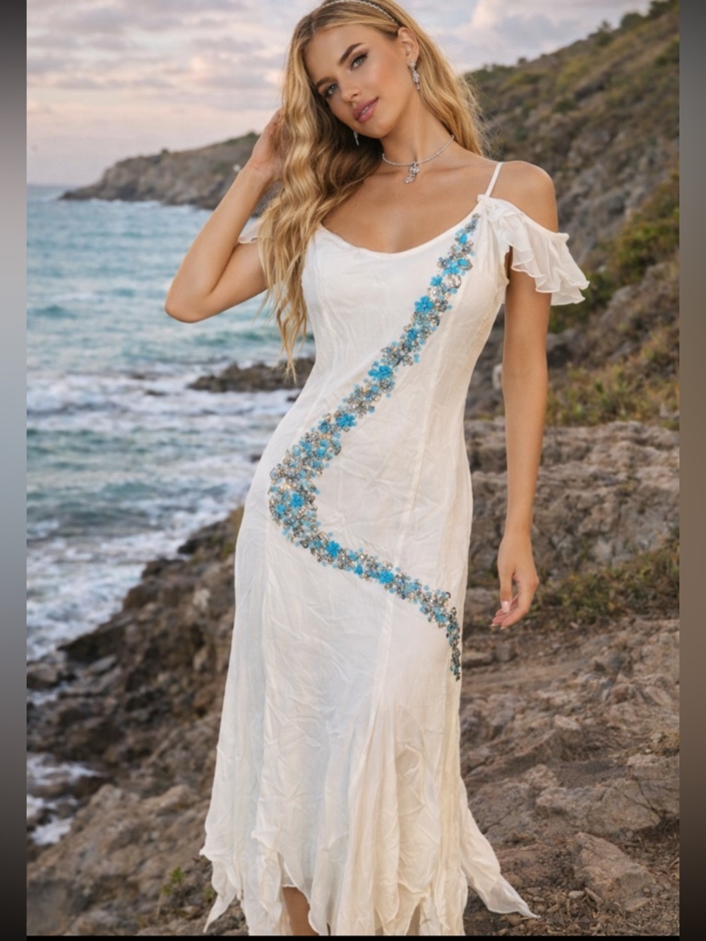 Vintage Newport News White Maxi Dress Turquoise Beaded Boho Resort 38139